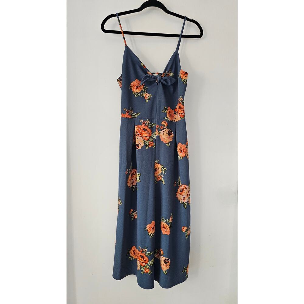 Eyeshadow Floral Tie Front Ruched Back Jumper Sz L Blue Pleated Wide Cropped Leg